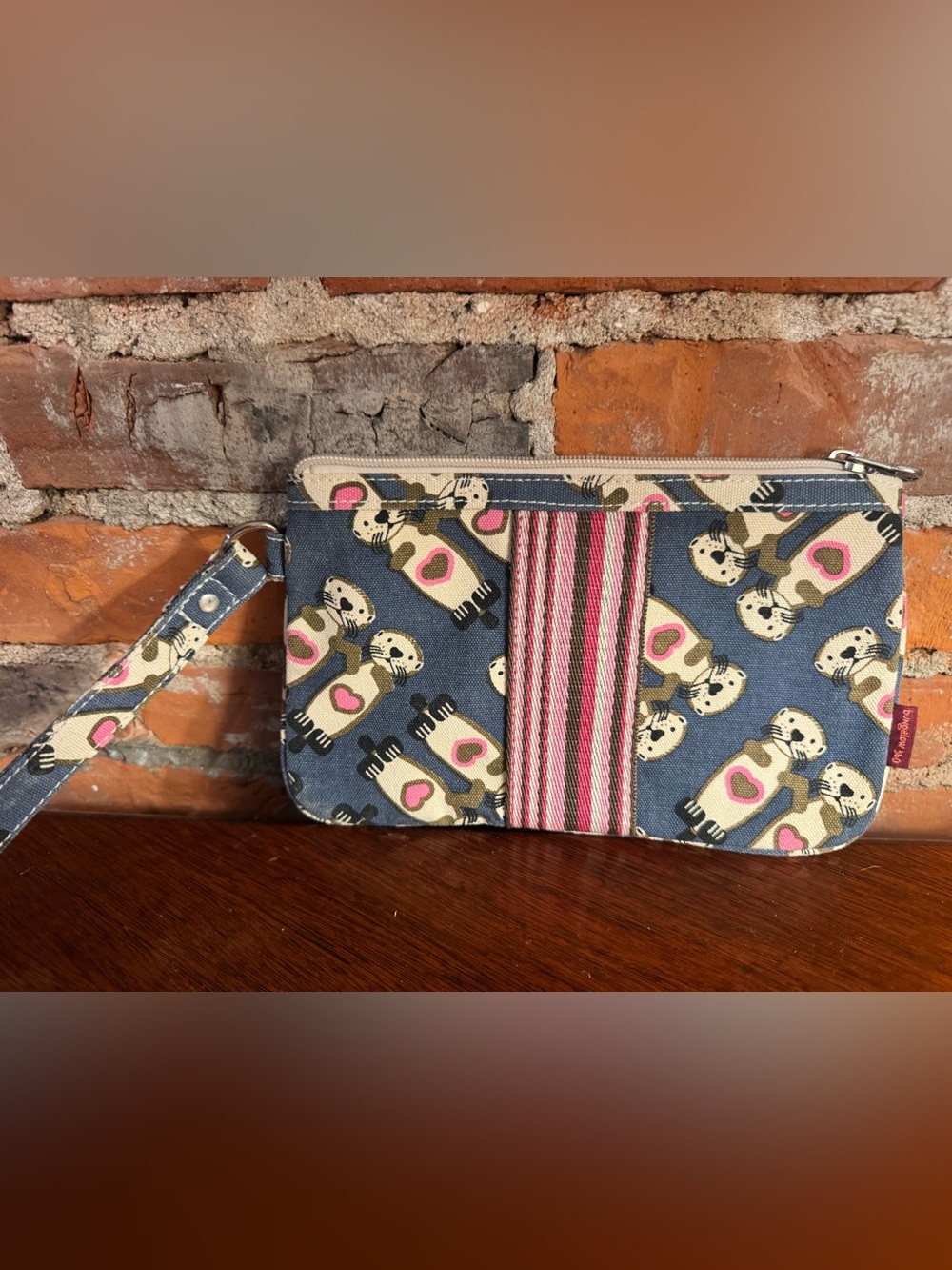bungalow 360 Blue Otter Print Wristlet with Pink Stripe